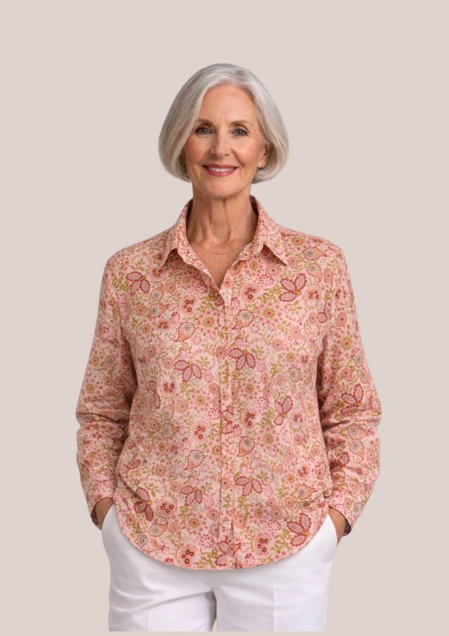 Chemise Charlotte pour seniors charlotte en imprimé fleurs rose saumon - forESTIME