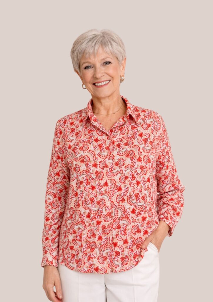 Femme senior portant une chemise rose rouge à fermetures aimantées fabriquée en France - forESTIME