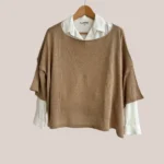 pull en coton fin à manches 3/4 de coloris camel