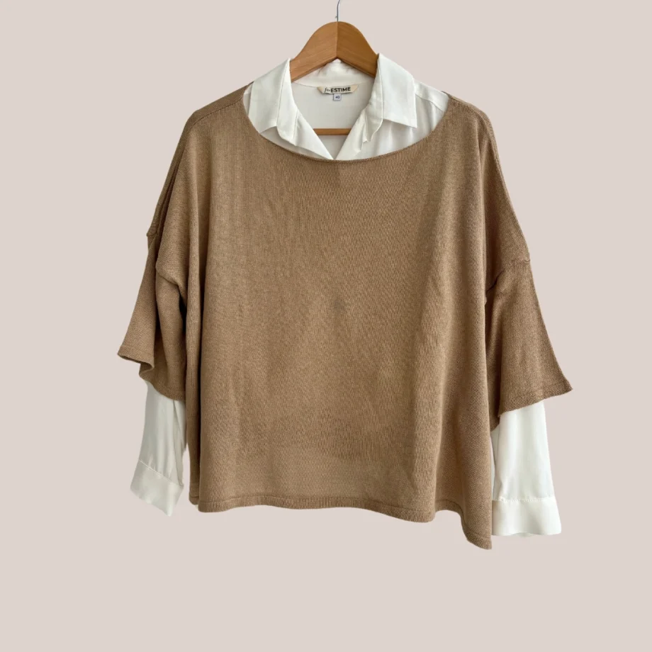 pull en coton fin à manches 3/4 de coloris camel