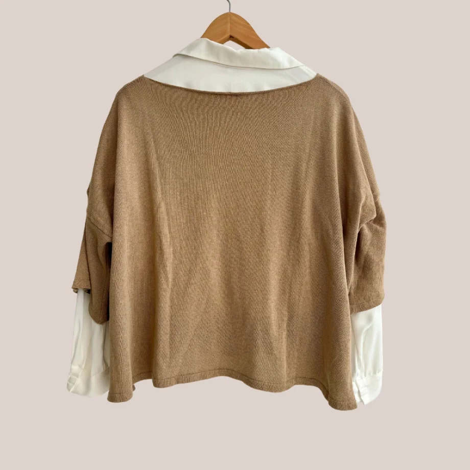 pull en coton fin à manches 3/4 de coloris camel vu de dos