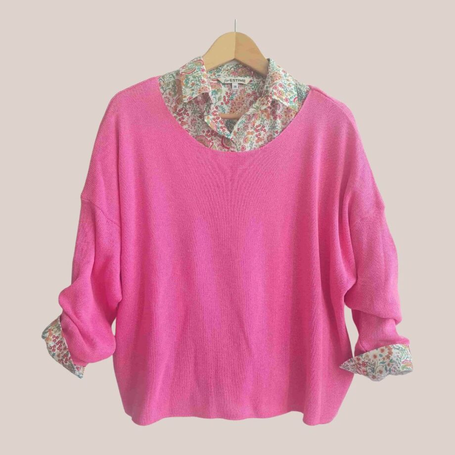 Pull coton rose confortable col bateau pour senior