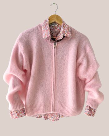 Gilet femme senior à zip rose poudré, manches longues avec chemise à fleurs - forESTIME