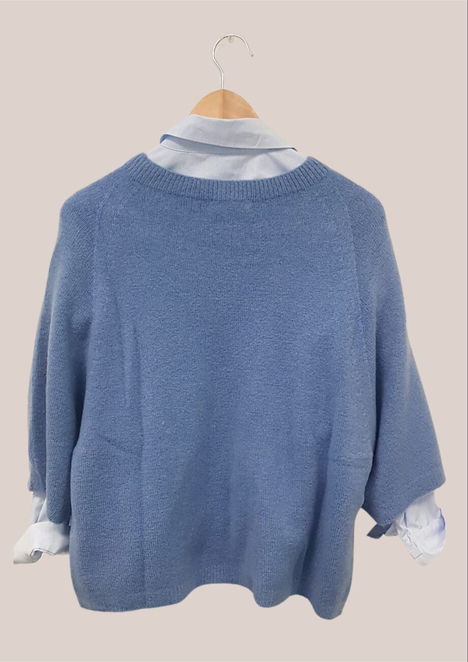 Pull doux pour senior col rond bleu forme trapèze vue dos