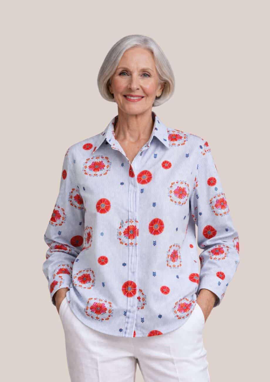 Chemise sans bouton pour femme senior, modèle charlotte rayé imprimé rouge - forESTIME