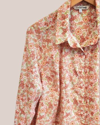 Chemisier pour senior imprimé fleurs rose vert fermeture devant aimantée sans boutons