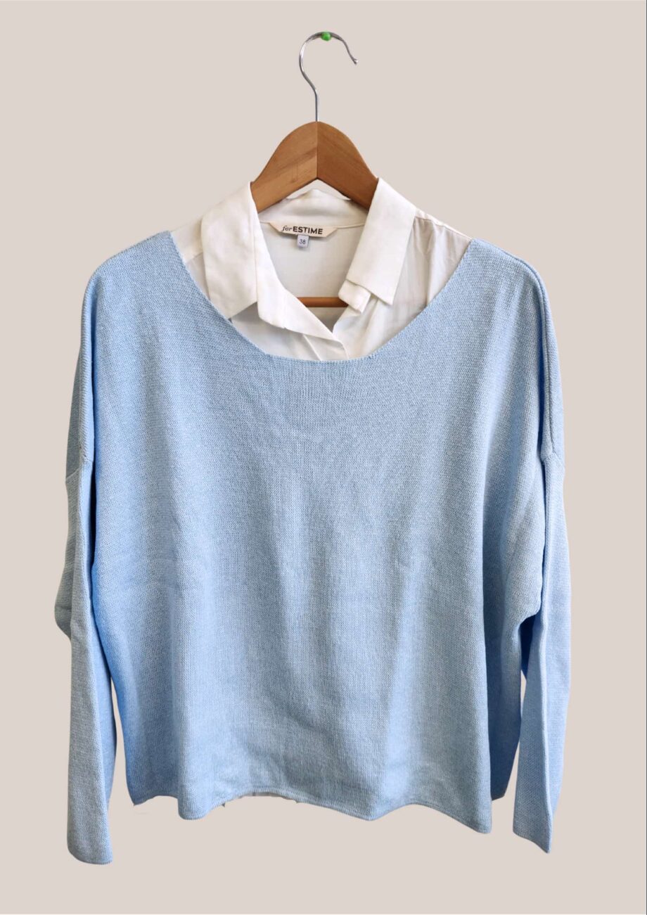 Pull senior pur coton bleu ciel large emmanchures tombantes
