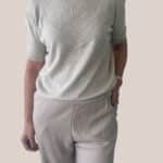 Pull femme col rond beige, manches courtes. Coton fin - forESTIME