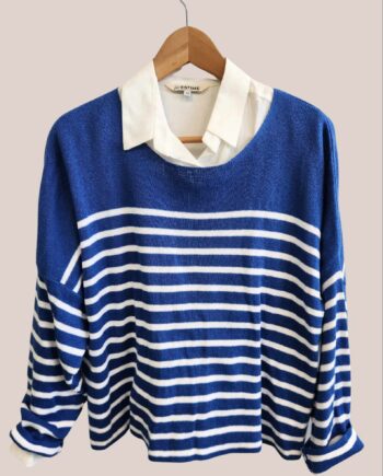 Pull marinière pour senior fond bleu rayé blanc