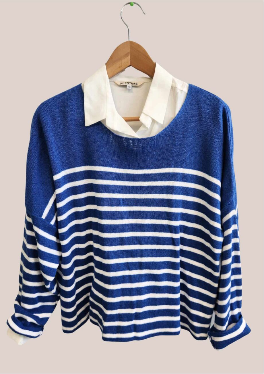Pull marinière pour senior fond bleu rayé blanc