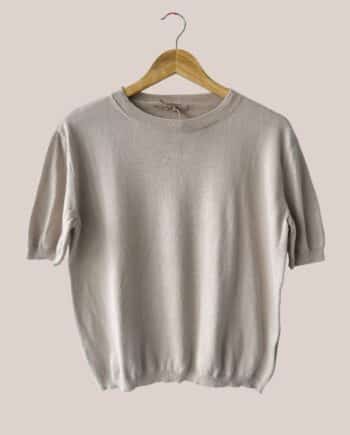 Pull senior col rond manches courtes, 100 % coton beige vue de face - forESTIME