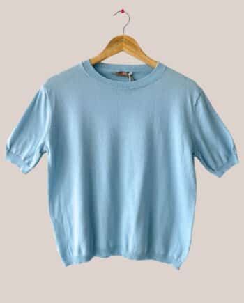 Pull bleu ciel femme senior, manches courtes et col rond, pur coton - forESTIME