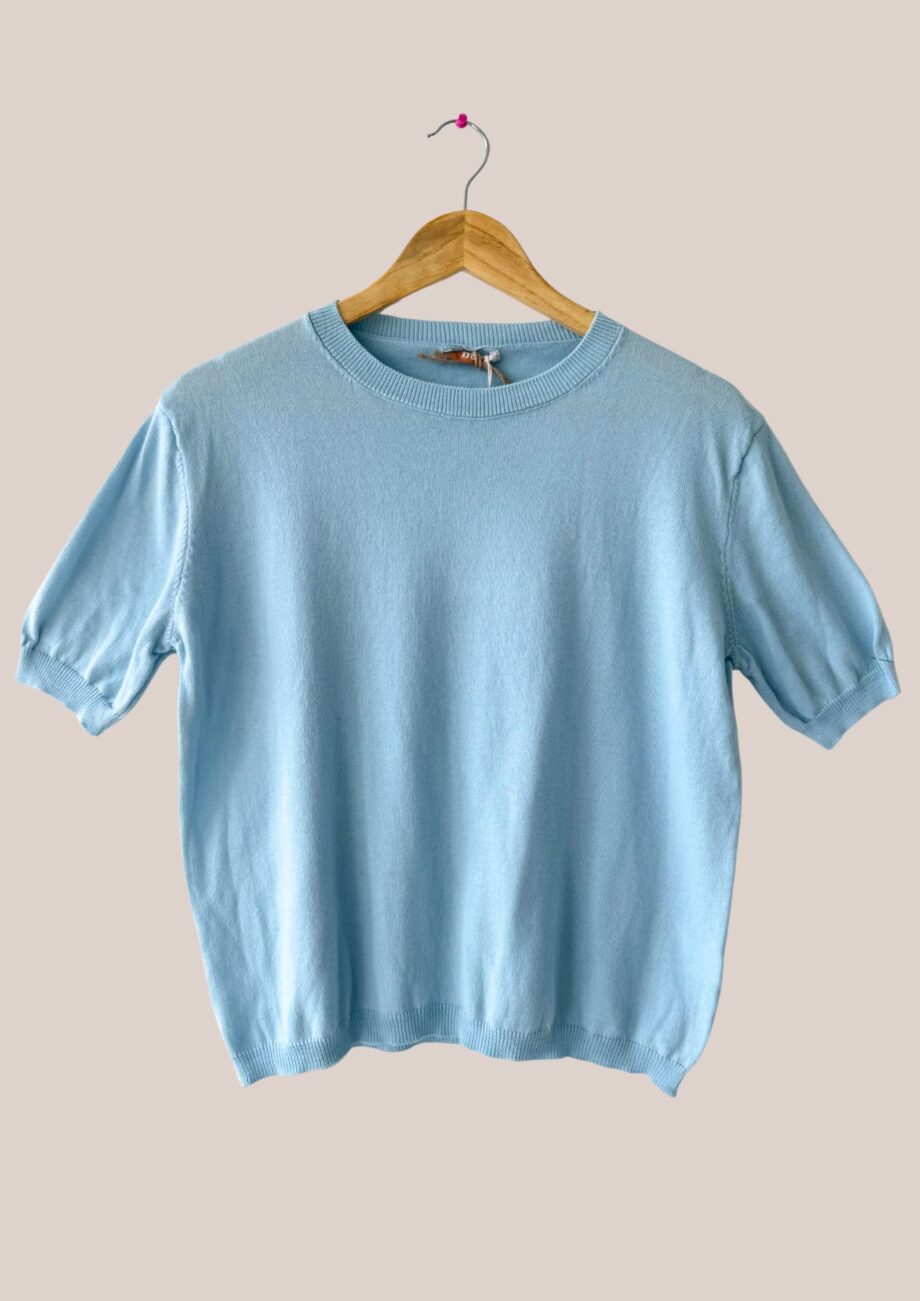 Pull bleu ciel femme senior, manches courtes et col rond, pur coton - forESTIME