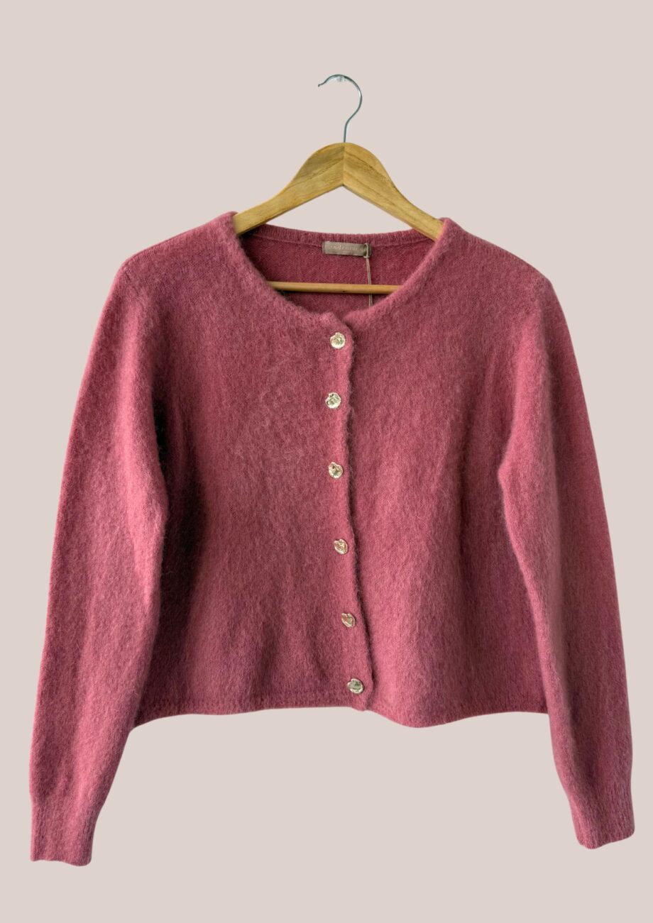 Gilet Gina vue de face rose thé femme avec boutons dorés - forESTIME