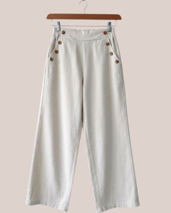 Pantalon beige clair femme senior avec taille élastiquée et boutons décoratifs - forESTIME