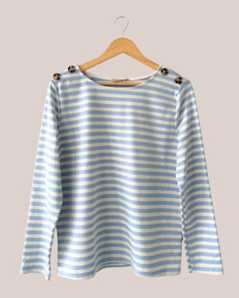 Tee-shirt manches longues Telly, marinière femme senior bleu ciel et écru, col bateau et boutons aux épaules - forESTIME