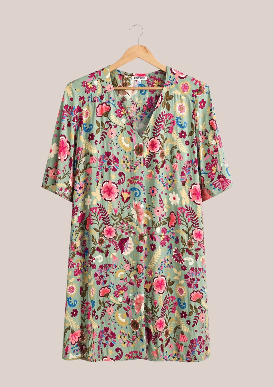 Robe romy imprimé vert idéal pour femme senior -forESTIME
