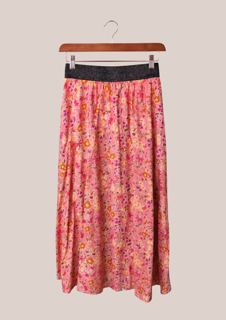 Jupe Justine longue rose motifs floraux femme senior viscose élastiquée longueur cheville - forESTIME