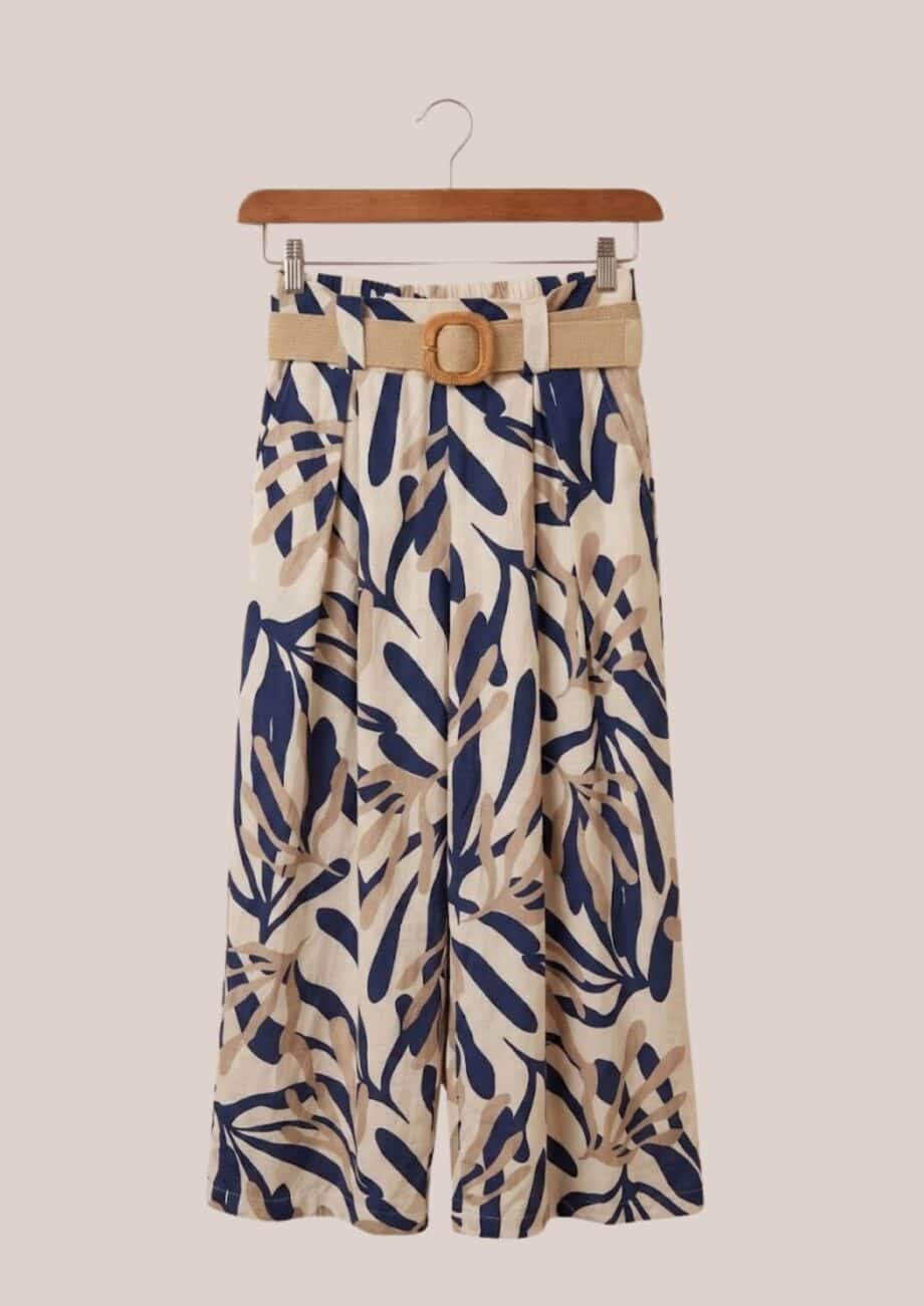 Pantalon Pietro imprimé feuillage bleu et beige femme senior coupe droite taille haute - forESTIME