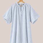 Robe Rouba mi-longue rayée bleu marine et blanc femme senior manches bouffantes avec poches - forESTIME