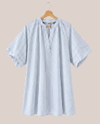 Robe Rouba mi-longue rayée bleu marine et blanc femme senior manches bouffantes avec poches - forESTIME