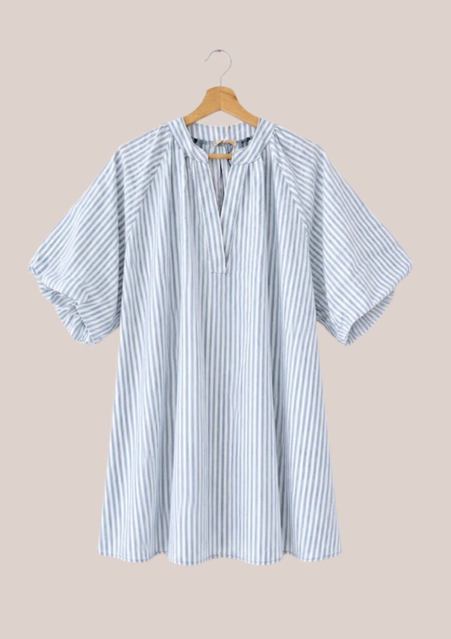 Robe Rouba mi-longue rayée bleu marine et blanc femme senior manches bouffantes avec poches - forESTIME