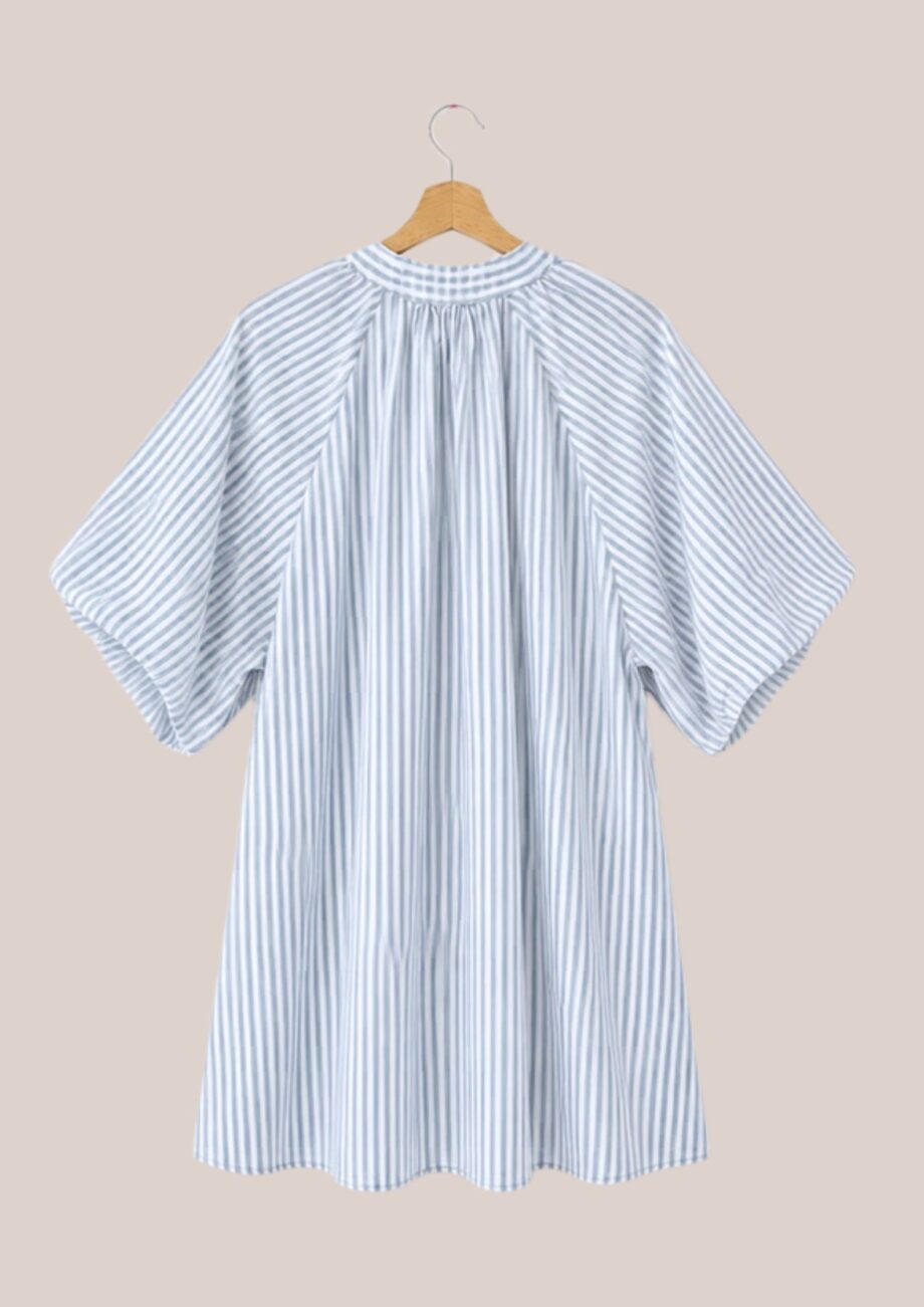 Robe Rouba mi-longue rayée bleu marine et blanc femme senior manches bouffantes - forESTIME
