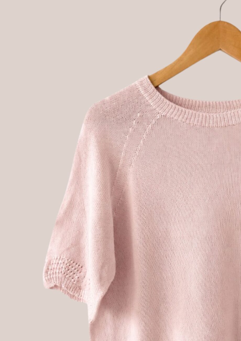 Pull coton léger femme senior rose poudré avec tricotage ajouré Poma
